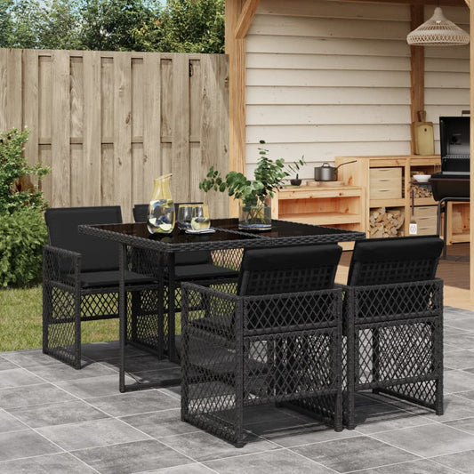 Set da Pranzo da Giardino 5 pz Nero con Cuscini in Polyrattan - homemem39
