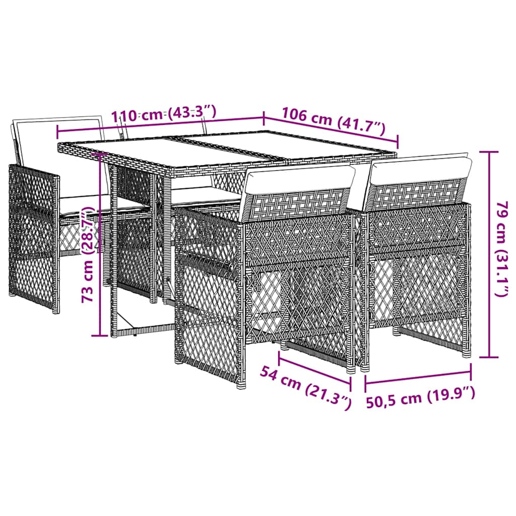 Set da Pranzo da Giardino 5pz con Cuscini in Polyrattan Marrone | homemem39