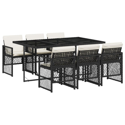 Set da Pranzo da Giardino 7 pz Nero con Cuscini in Polyrattan