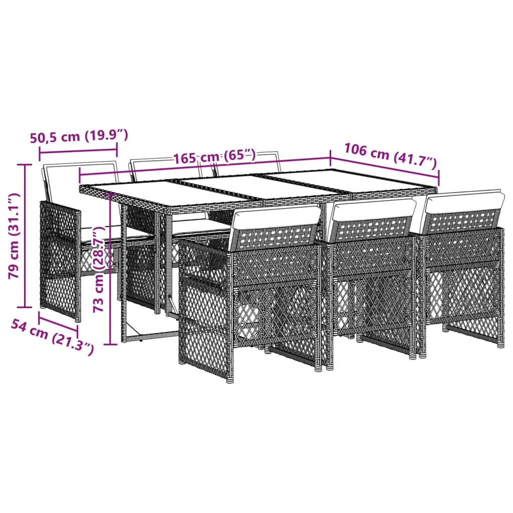 Set da Pranzo da Giardino 7 pz Nero con Cuscini in Polyrattan