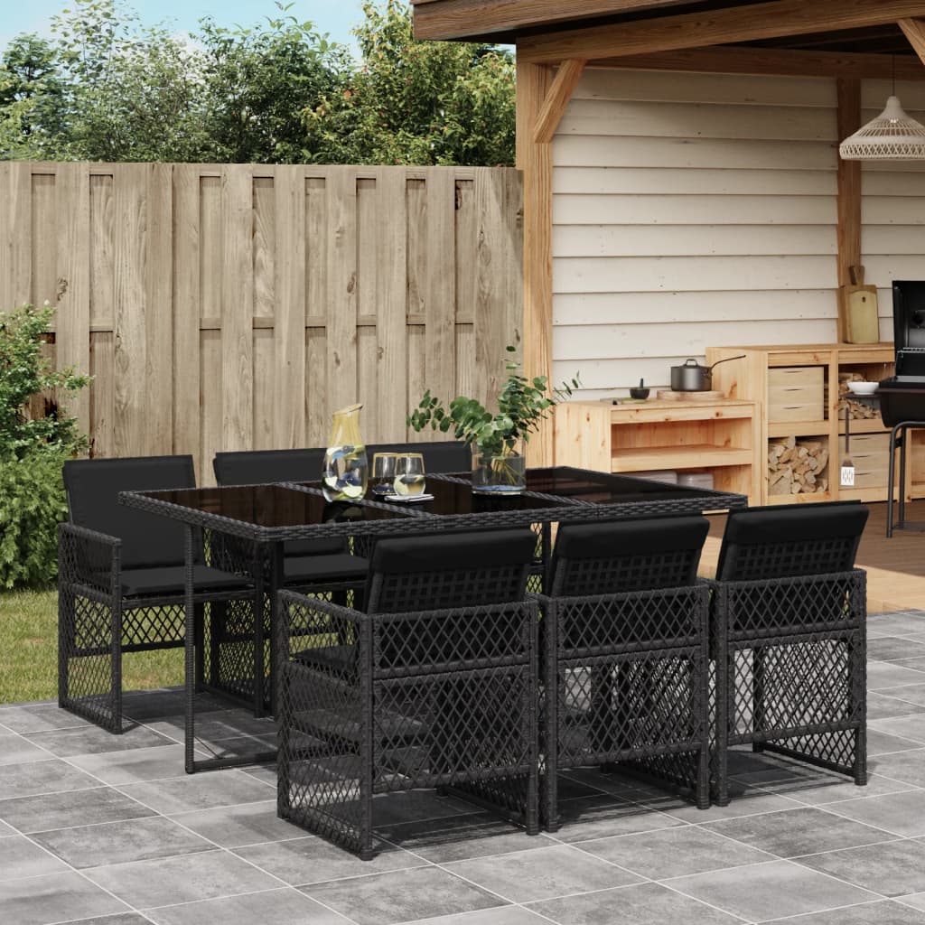 Set da Pranzo da Giardino 7 pz Nero con Cuscini in Polyrattan - homemem39
