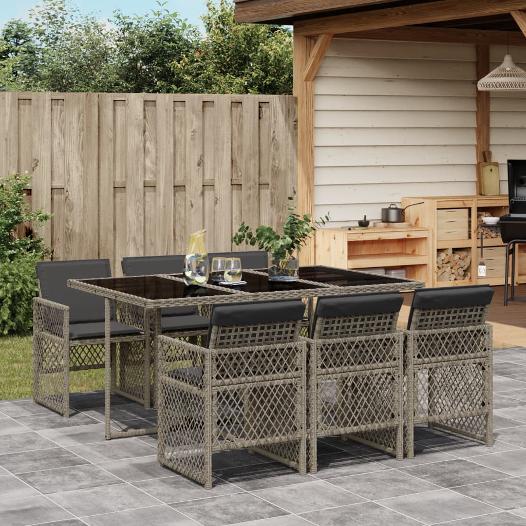 Set da Pranzo da Giardino 7 pz con Cuscini in Polyrattan Grigio