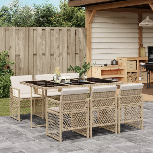 Set da Pranzo da Giardino 7 pz con Cuscini Beige in Polyrattan