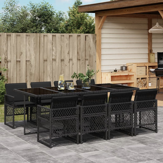 Set da Pranzo da Giardino 9 pz con Cuscini Nero in Polyrattan