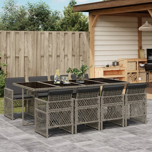 Set da Pranzo da Giardino 9 pz con Cuscini in Polyrattan Grigio