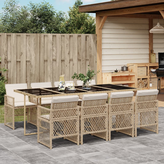 Set da Pranzo da Giardino 9 pz con Cuscini Beige in Polyrattan