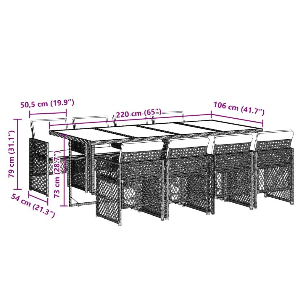 Set Pranzo da Giardino 9pz con Cuscini Grigio Chiaro Polyrattan