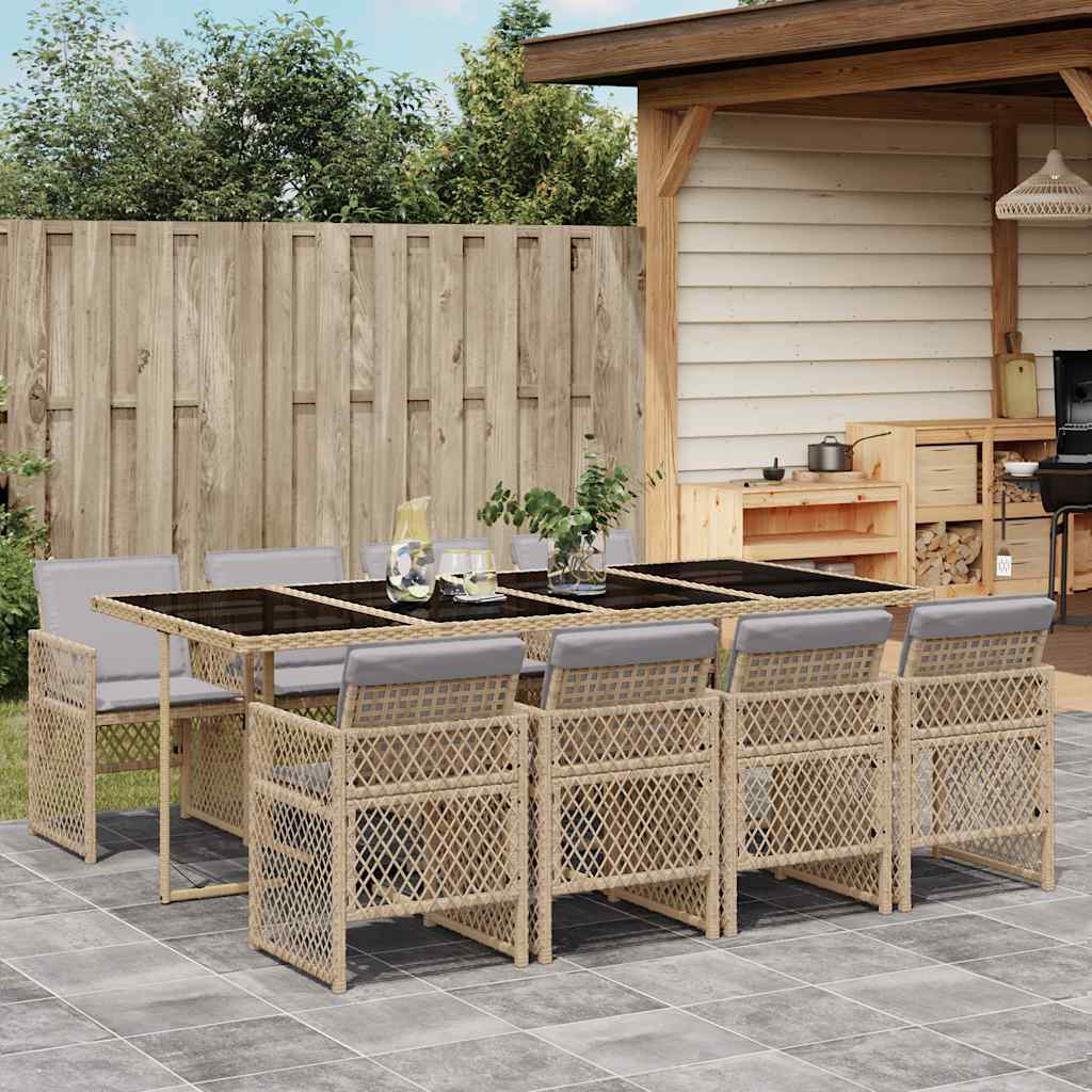 Set da Pranzo da Giardino 9 pz con Cuscini Beige in Polyrattan - homemem39