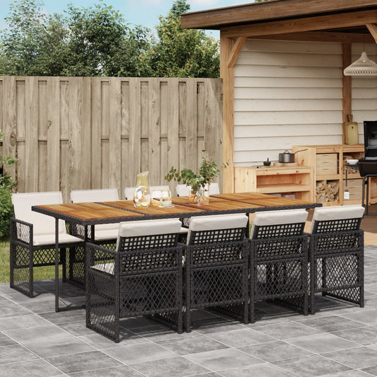 Set da Pranzo da Giardino 9 pz con Cuscini Nero in Polyrattan - homemem39
