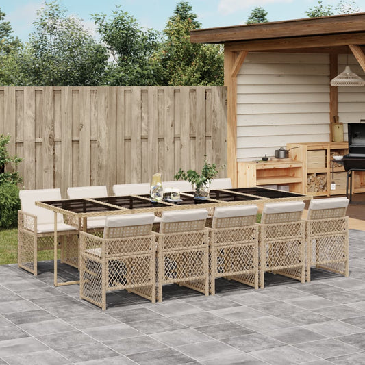 Set da Pranzo da Giardino 11 pz con Cuscini Beige in Polyrattan