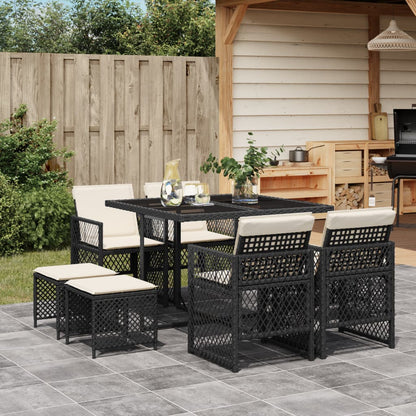 Set da Pranzo da Giardino 9 pz con Cuscini Nero in Polyrattan