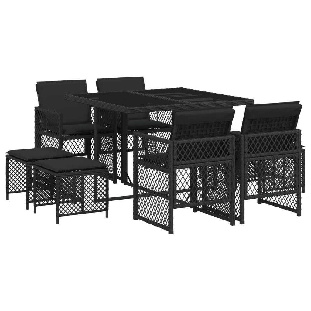 Set da Pranzo da Giardino 9 pz con Cuscini Nero in Polyrattan