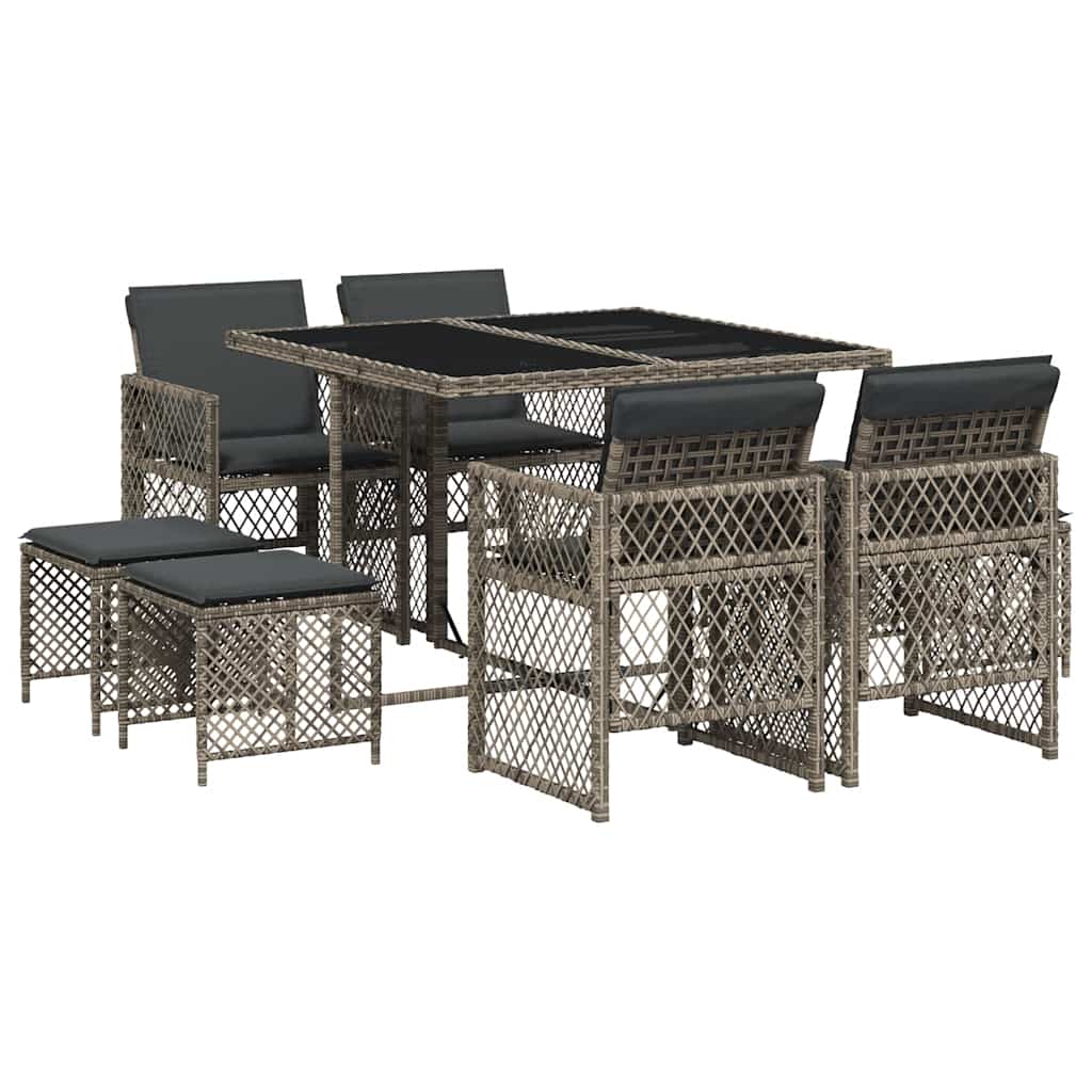 Set da Pranzo da Giardino 9 pz con Cuscini in Polyrattan Grigio