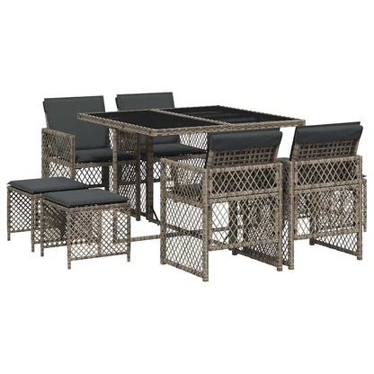 Set da Pranzo da Giardino 9 pz con Cuscini in Polyrattan Grigio