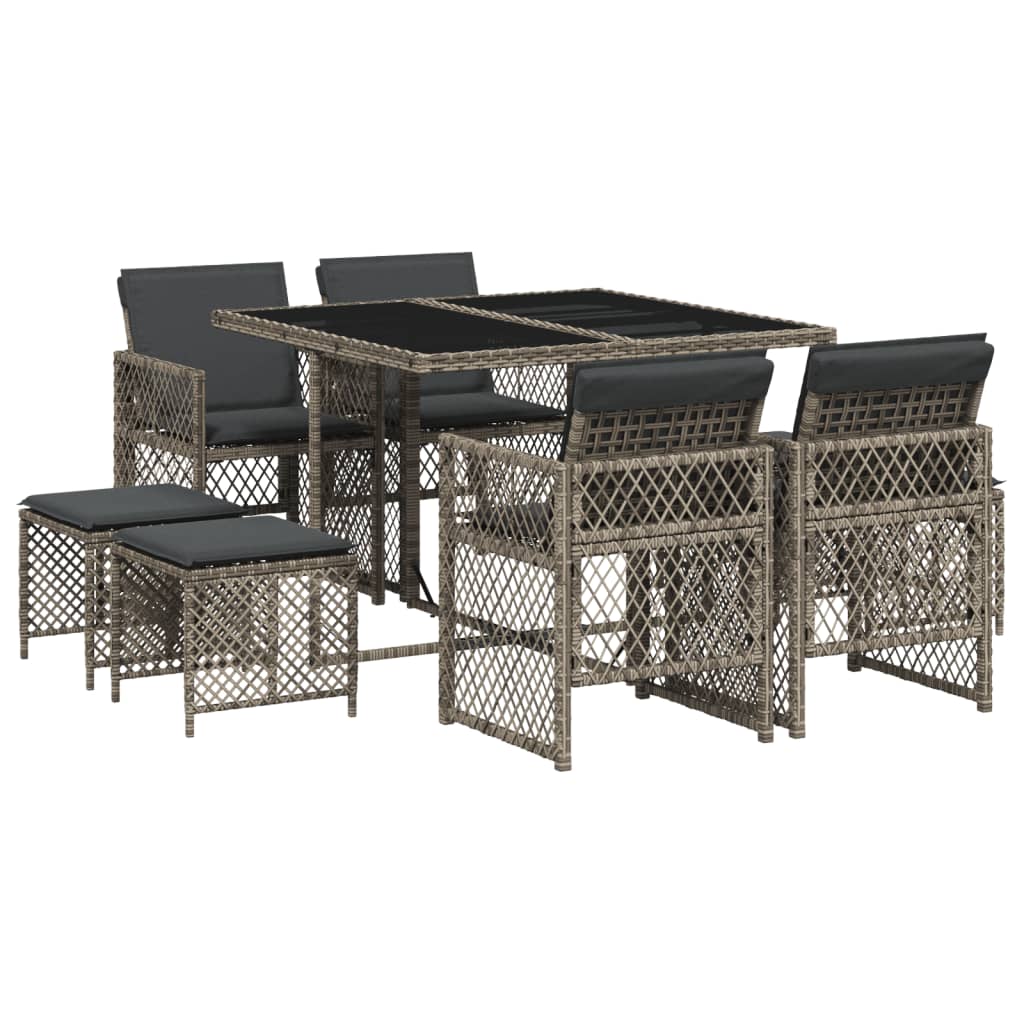 Set da Pranzo da Giardino 9 pz con Cuscini in Polyrattan Grigio - homemem39