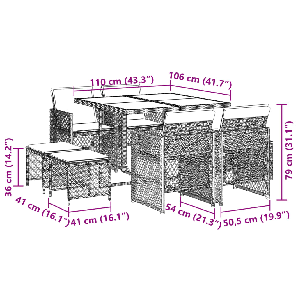 Set da Pranzo da Giardino 9pz con Cuscini Marrone in Polyrattan