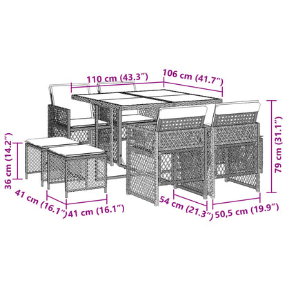 Set da Pranzo da Giardino 9pz con Cuscini Marrone in Polyrattan