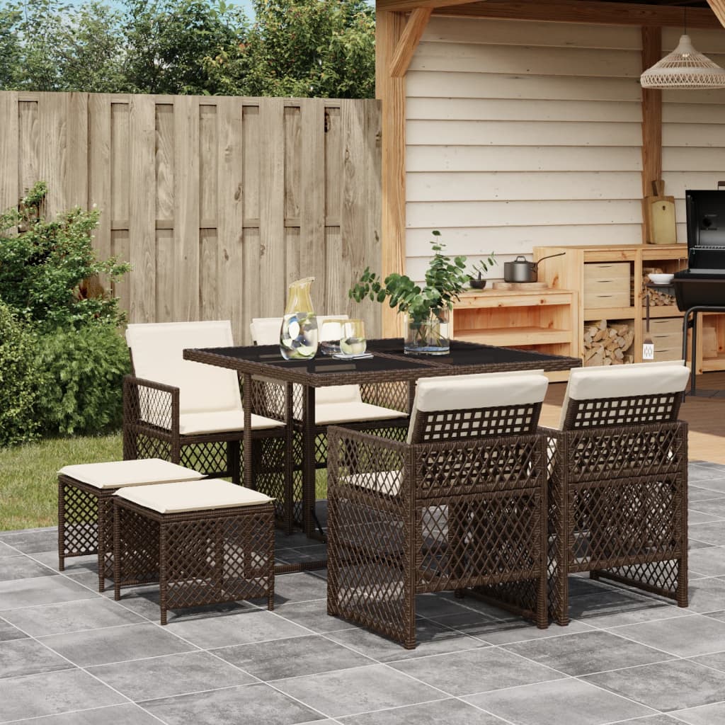 Set da Pranzo da Giardino 9pz con Cuscini Marrone in Polyrattan