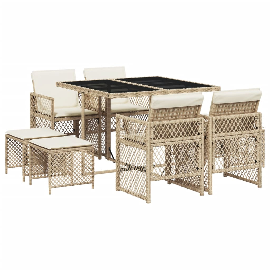 Set da Pranzo da Giardino 9 pz con Cuscini Beige in Polyrattan