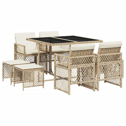 Set da Pranzo da Giardino 9 pz con Cuscini Beige in Polyrattan - homemem39
