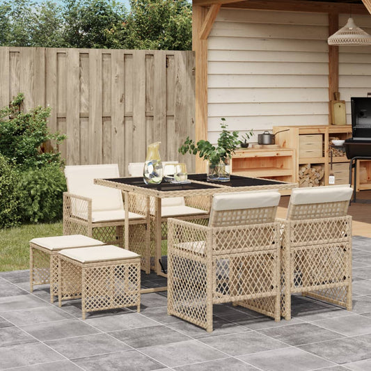 Set da Pranzo da Giardino 9 pz con Cuscini Beige in Polyrattan - homemem39