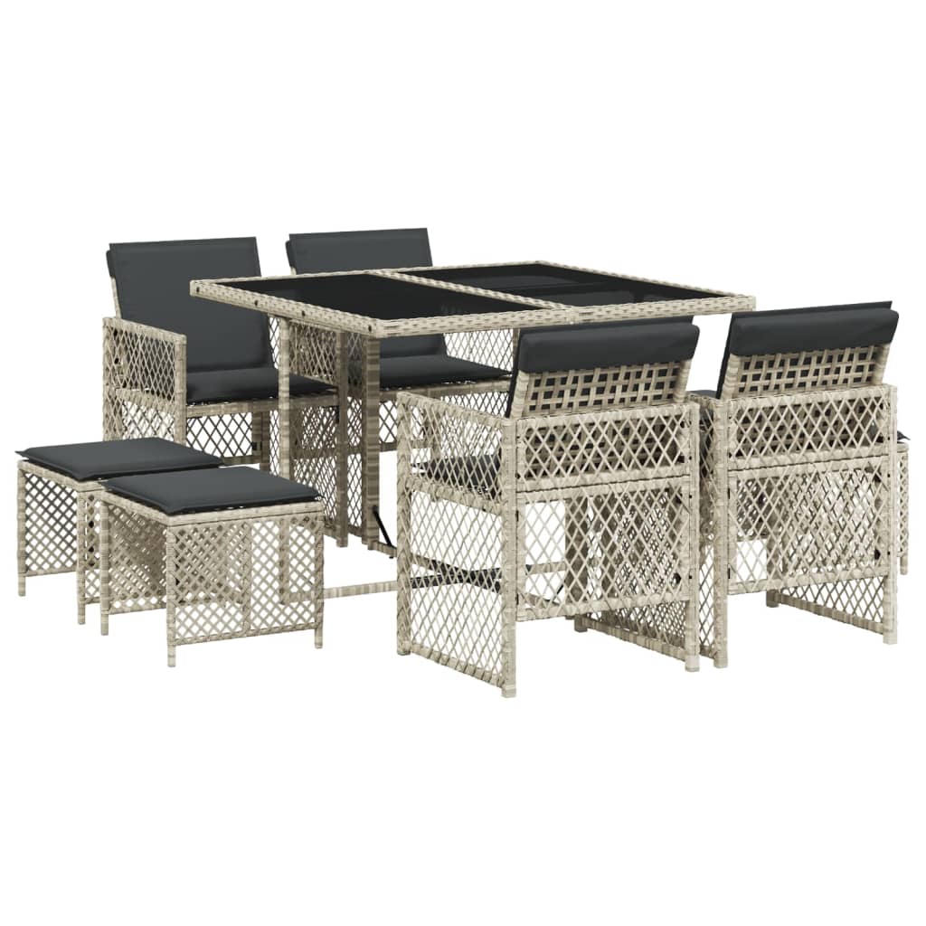 Set Pranzo da Giardino 9pz con Cuscini Grigio Chiaro Polyrattan - homemem39