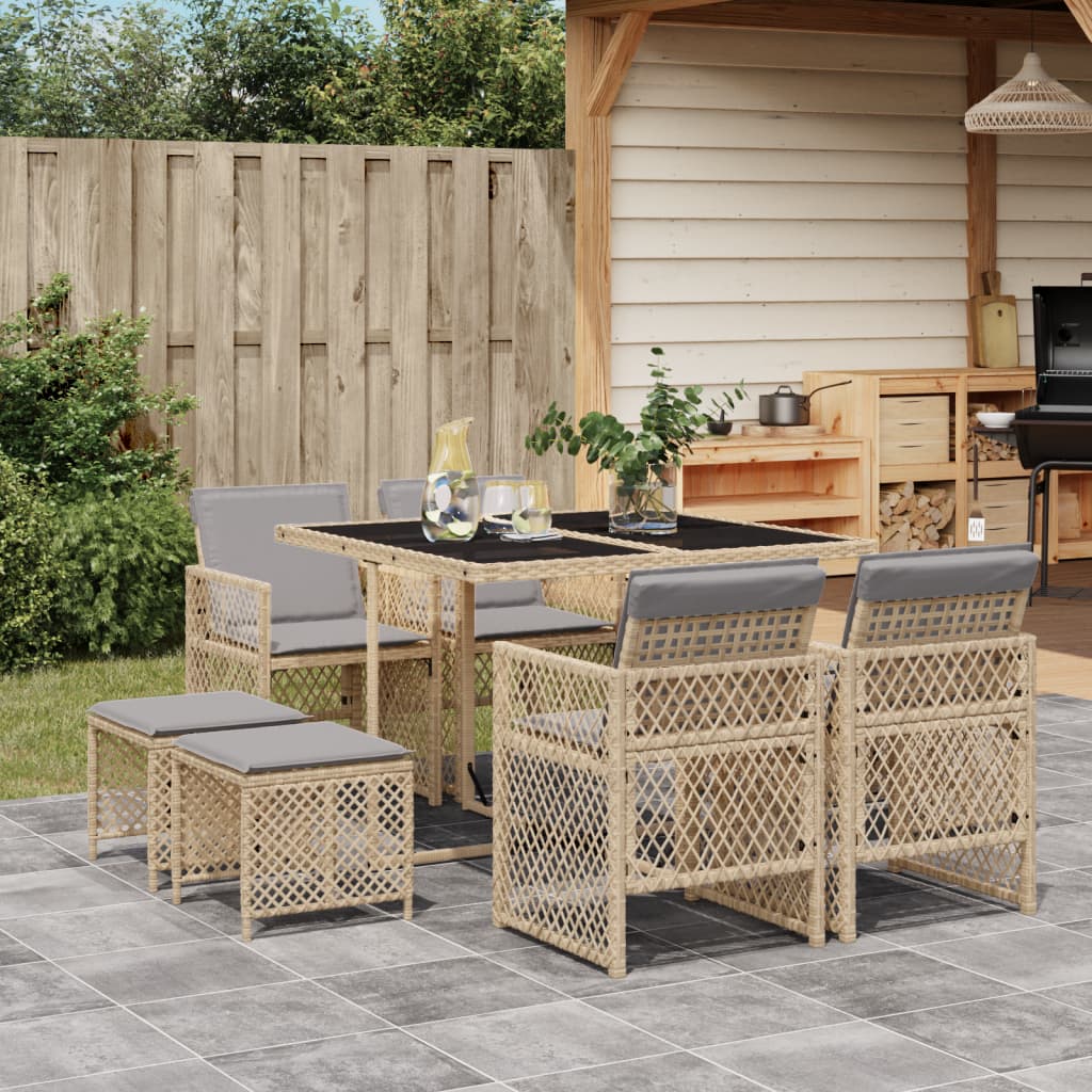 Set da Pranzo da Giardino 9 pz con Cuscini Beige in Polyrattan - homemem39