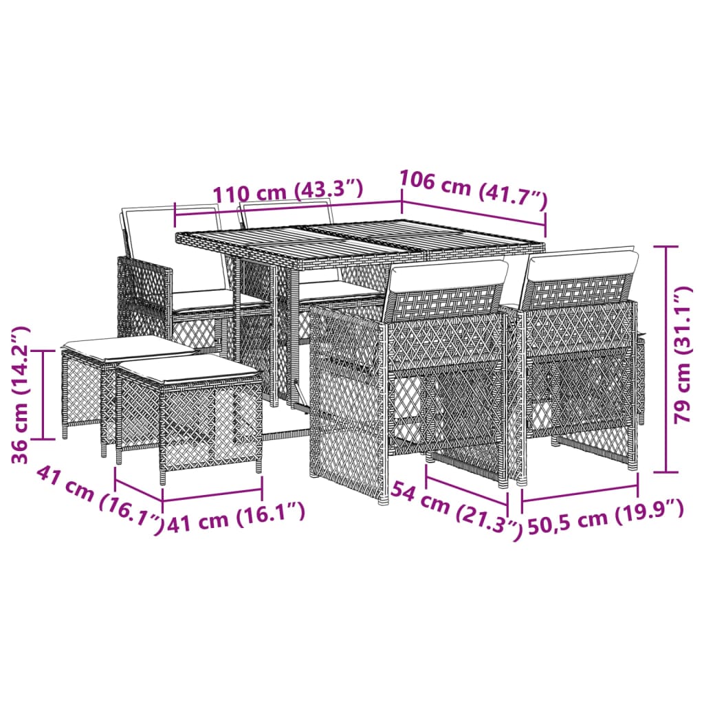 Set da Pranzo da Giardino 9 pz con Cuscini in Polyrattan Grigio