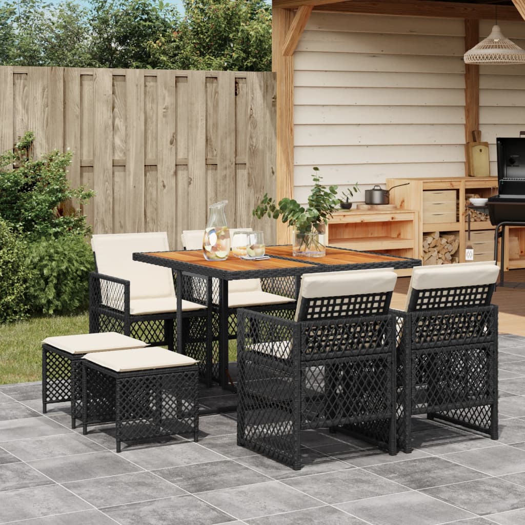 Set da Pranzo da Giardino 9 pz con Cuscini Nero in Polyrattan - homemem39