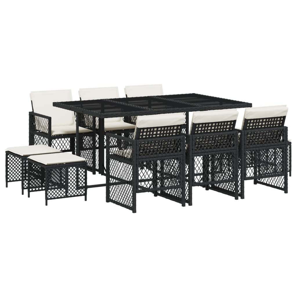 Set da Pranzo da Giardino 11 pz con Cuscini in Polyrattan Nero