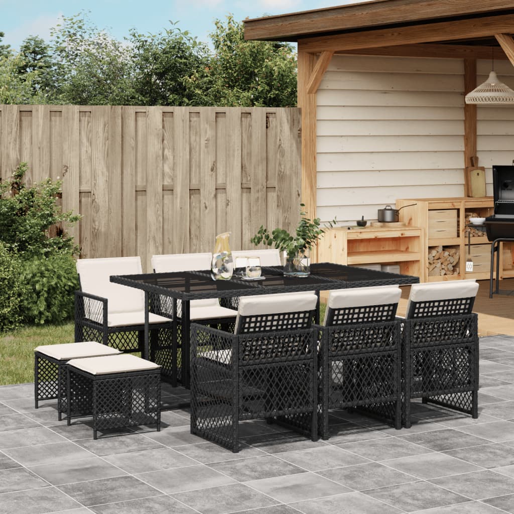 Set da Pranzo da Giardino 11 pz con Cuscini in Polyrattan Nero