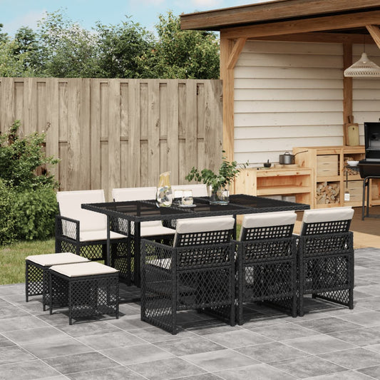 Set da Pranzo da Giardino 11 pz con Cuscini in Polyrattan Nero - homemem39