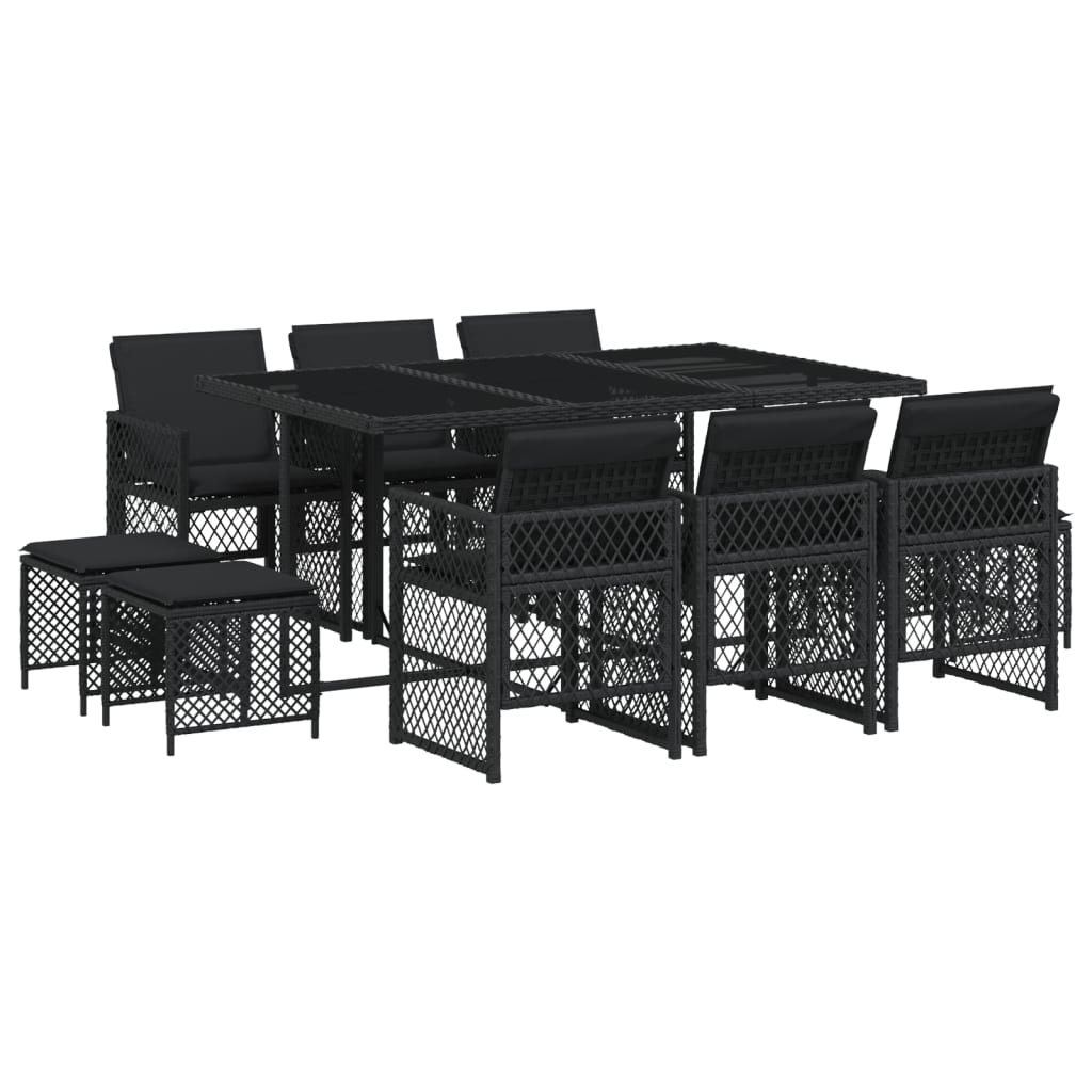 Set da Pranzo da Giardino 11 pz con Cuscini in Polyrattan Nero