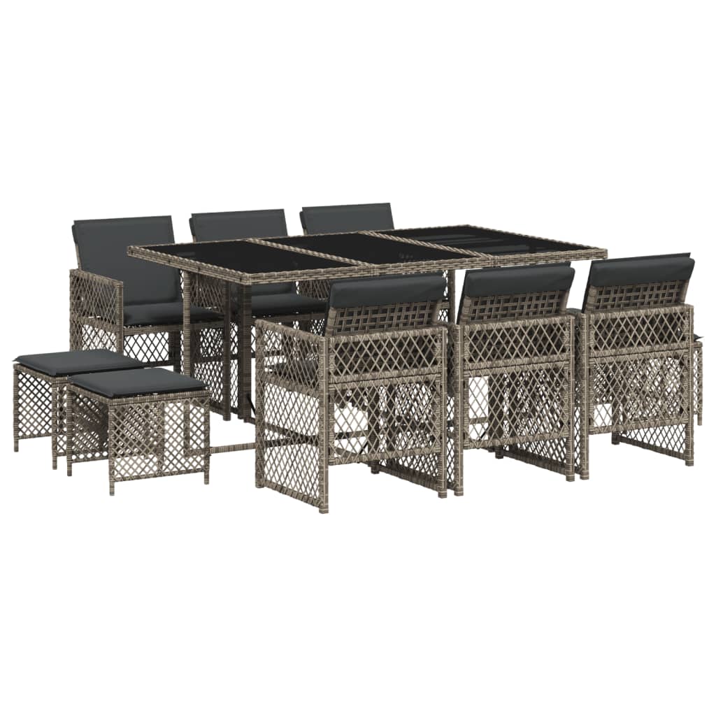 Set da Pranzo da Giardino 11pz con Cuscini in Polyrattan Grigio