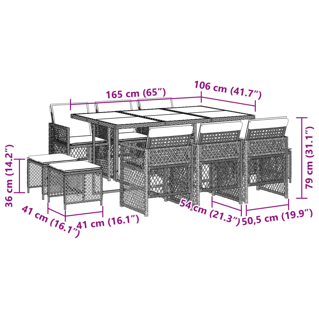 Set da Pranzo da Giardino 11pz con Cuscini in Polyrattan Grigio