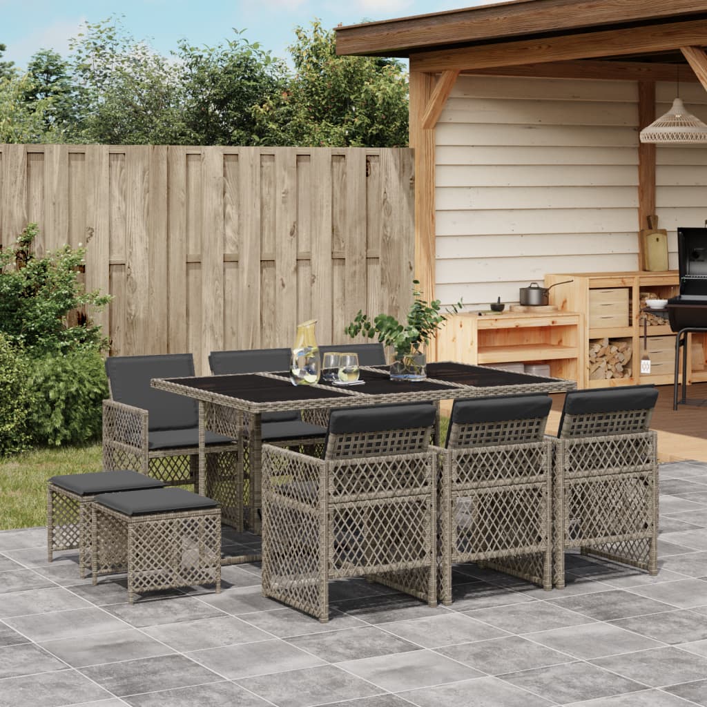 Set da Pranzo da Giardino 11pz con Cuscini in Polyrattan Grigio