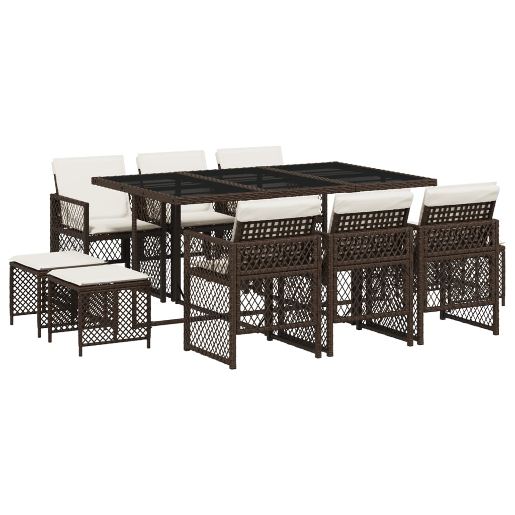 Set da Pranzo da Giardino 11 pz con Cuscini Polyrattan Marrone