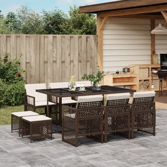 Set da Pranzo da Giardino 11 pz con Cuscini Polyrattan Marrone