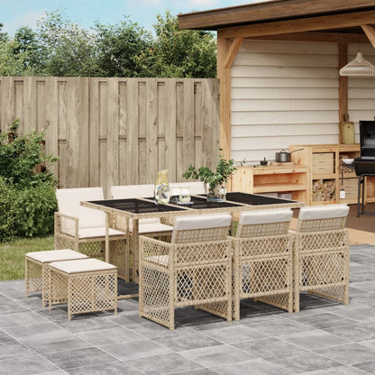 Set da Pranzo da Giardino 11 pz con Cuscini Beige in Polyrattan