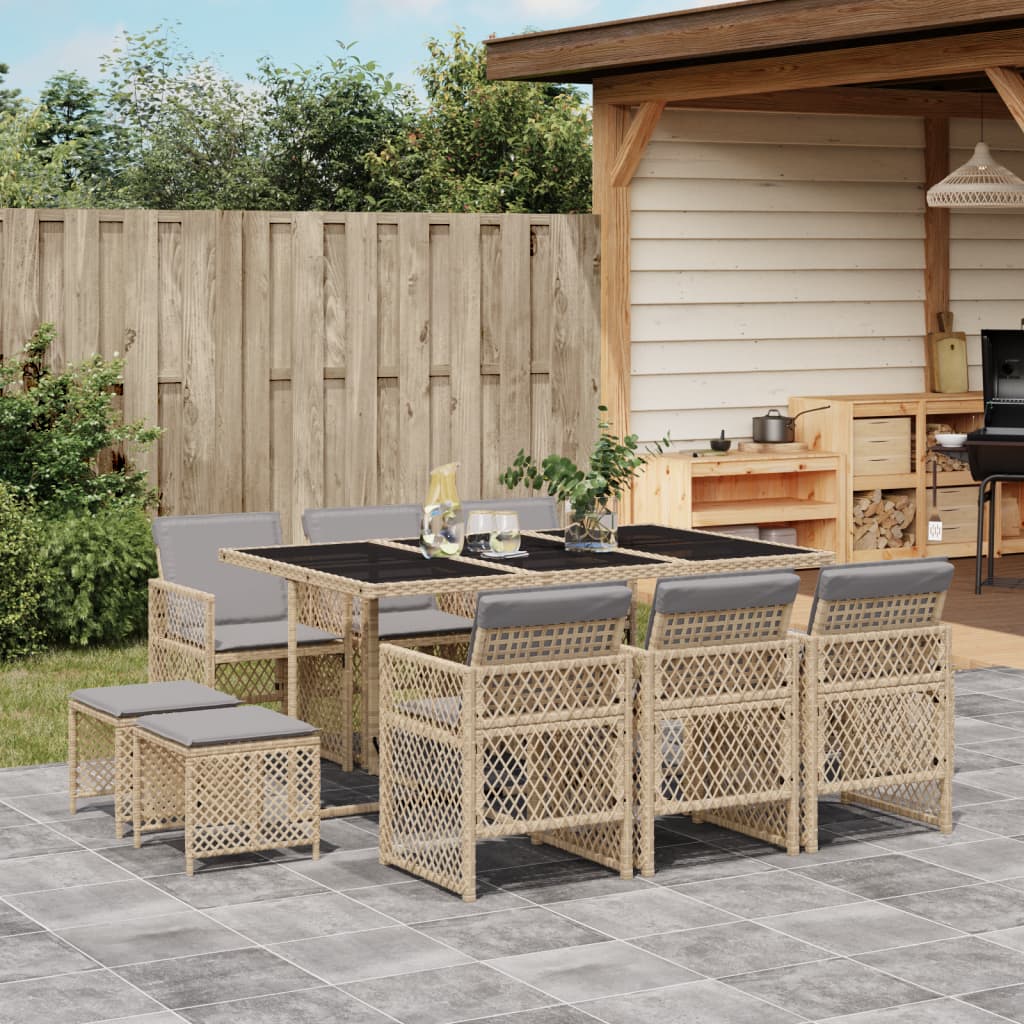 Set da Pranzo da Giardino 11 pz con Cuscini Beige in Polyrattan - homemem39