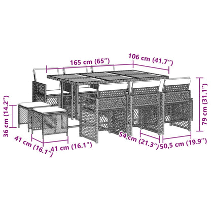 Set da Pranzo da Giardino 11pz con Cuscini in Polyrattan Grigio