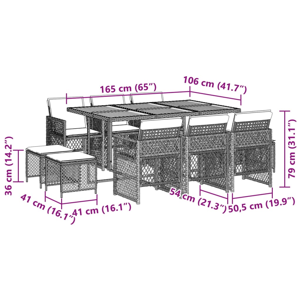 Set da Pranzo da Giardino 11 pz con Cuscini in Polyrattan Nero