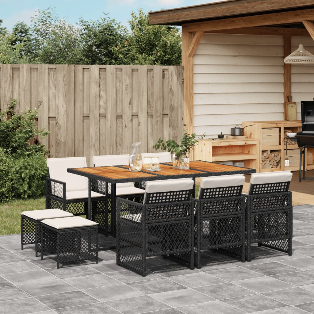 Set da Pranzo da Giardino 11 pz con Cuscini in Polyrattan Nero