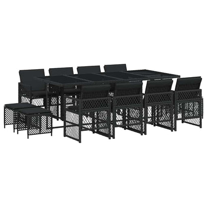 Set da Pranzo da Giardino 13pz con Cuscini Nero in Polyrattan