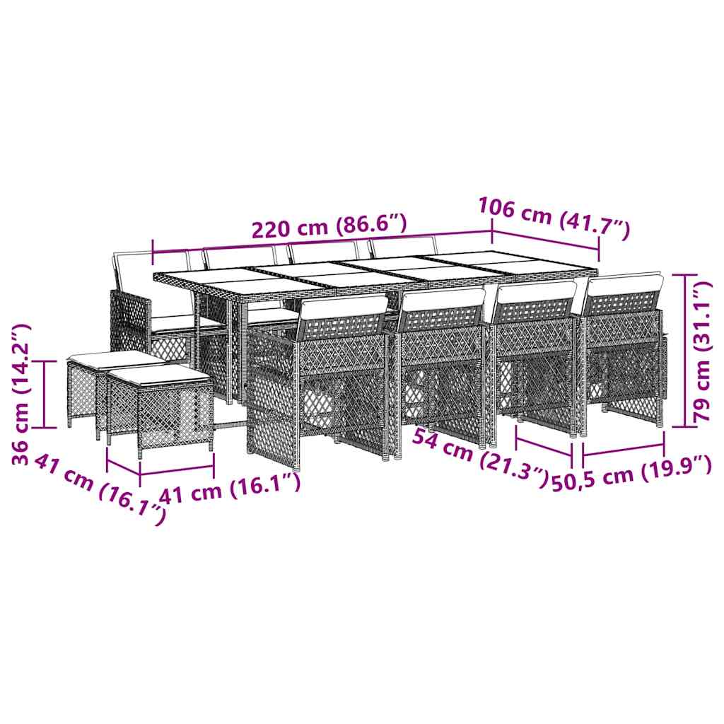 Set da Pranzo da Giardino 13pz con Cuscini Nero in Polyrattan | homemem39