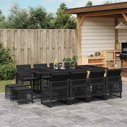 Set da Pranzo da Giardino 13pz con Cuscini Nero in Polyrattan