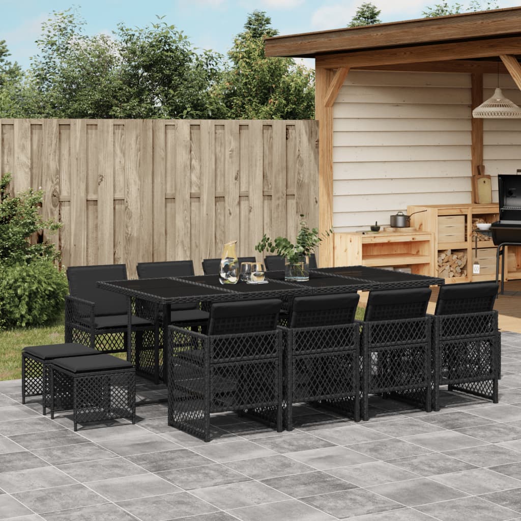Set da Pranzo da Giardino 13pz con Cuscini Nero in Polyrattan - homemem39