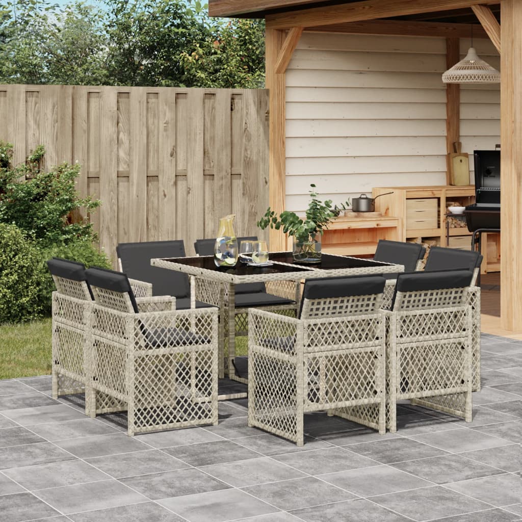 Set Pranzo da Giardino 9pz con Cuscini Grigio Chiaro Polyrattan - homemem39