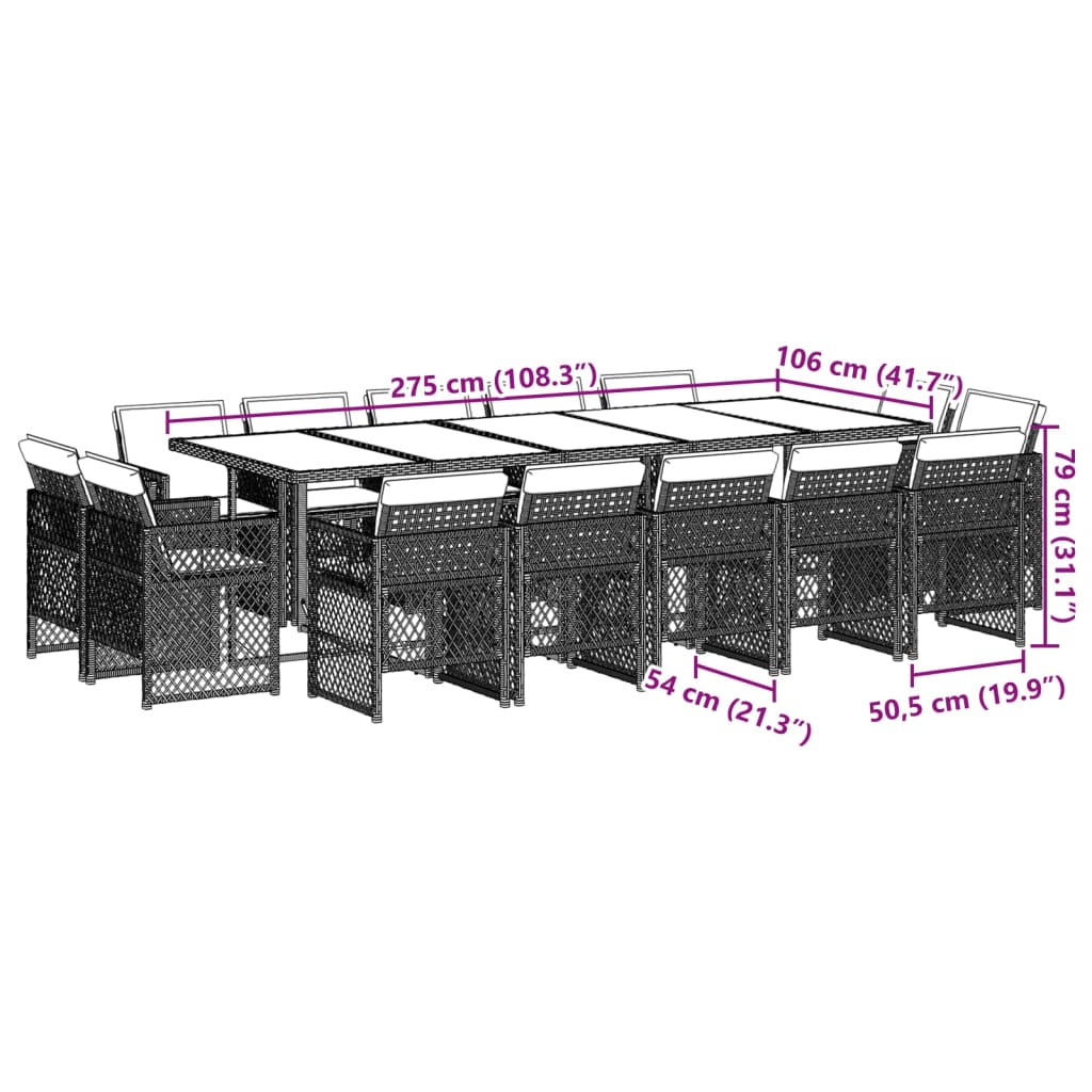 Set da Pranzo da Giardino 15 pz con Cuscini Grigio Polyrattan