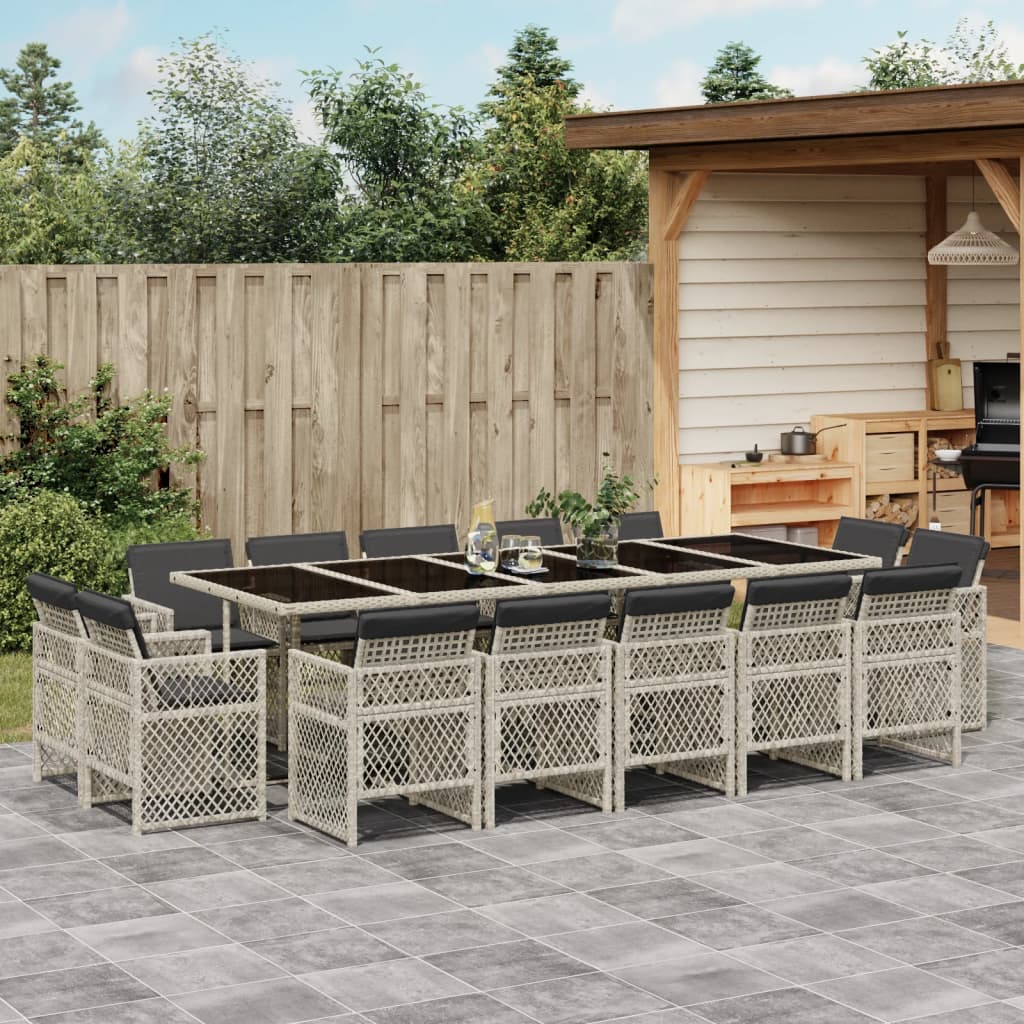 Set da Pranzo da Giardino 15 pz con Cuscini Grigio Polyrattan